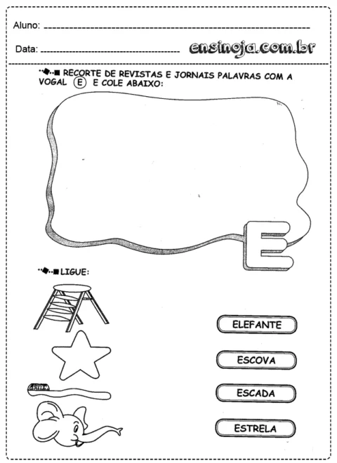 Atividade de recorte e colagem com a letra E e palavras relacionadas.