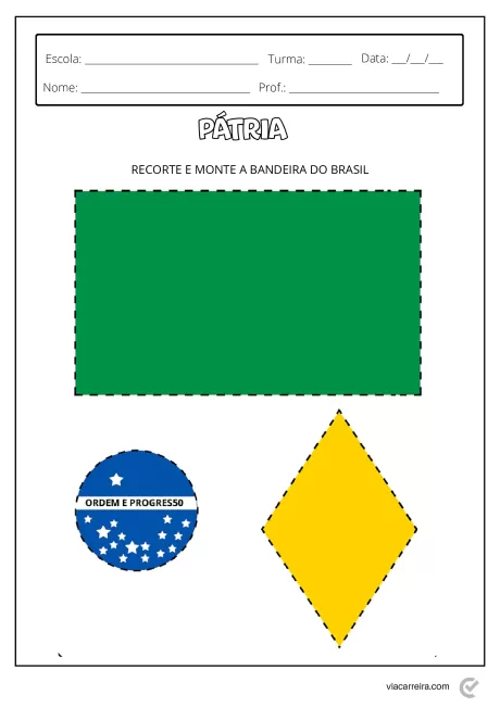 Atividade escolar para recortar e montar a bandeira do Brasil, com um retângulo verde, um losango amarelo e um círculo azul com estrelas.