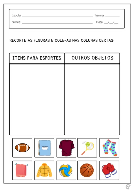 Uma folha de atividade escolar com colunas para recortar e colar figuras de itens para esportes e outros objetos.