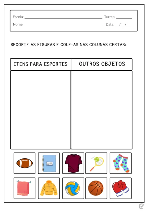 Uma folha de atividade escolar com colunas para recortar e colar figuras de itens para esportes e outros objetos.