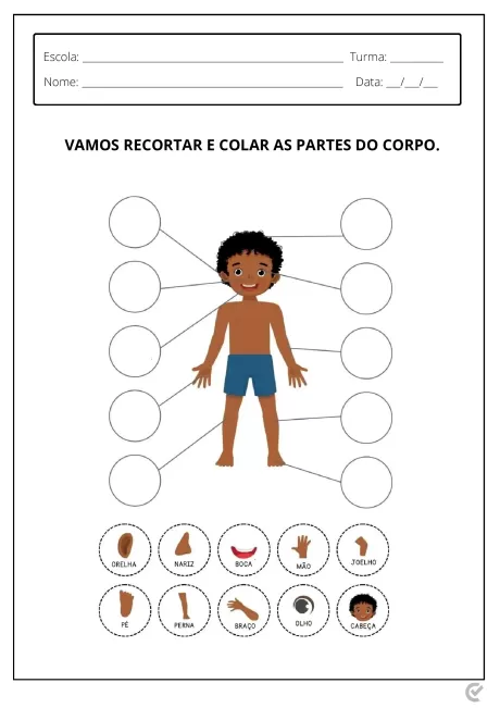 Ilustração de uma criança com partes do corpo para recortar e colar.