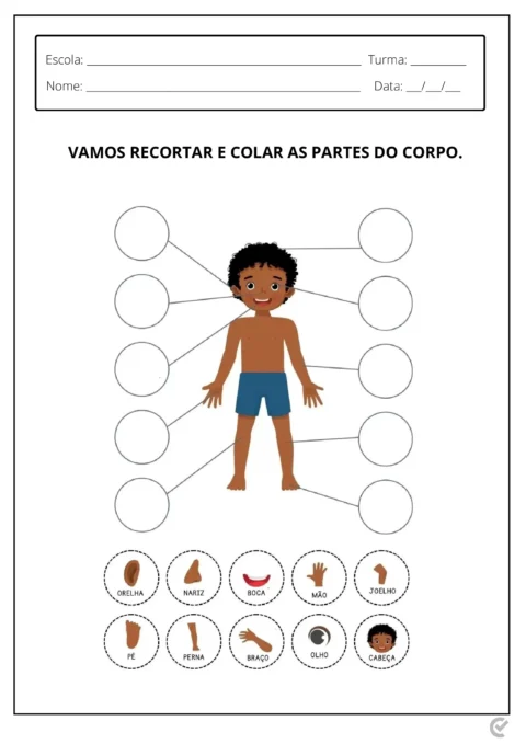 Ilustração de uma criança com partes do corpo para recortar e colar.