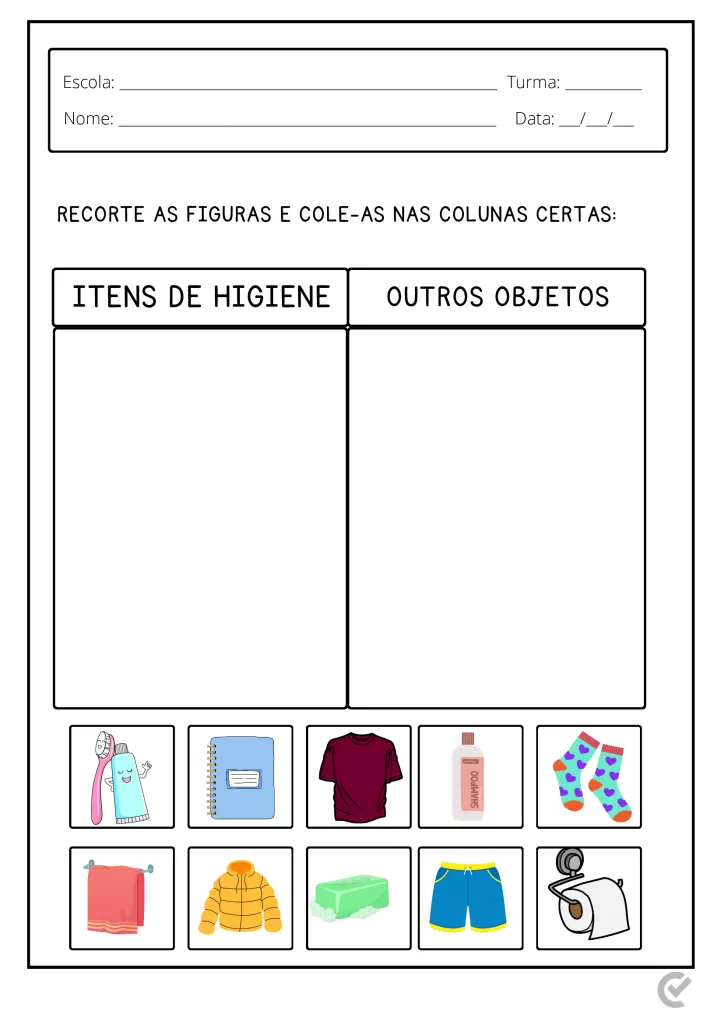 Imagem de uma atividade escolar com colunas para recortar e colar figuras de itens de higiene e outros objetos.