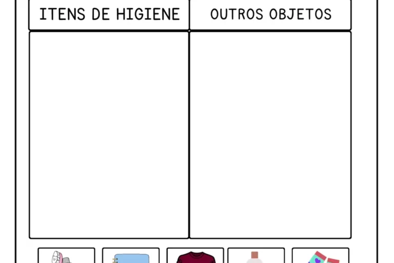 Imagem de uma atividade escolar com colunas para recortar e colar figuras de itens de higiene e outros objetos.
