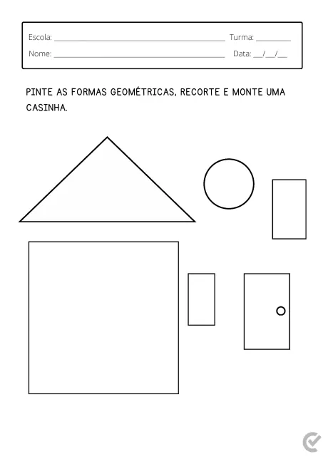 Imagem de uma atividade escolar com formas geométricas para pintar, recortar e montar uma casinha.