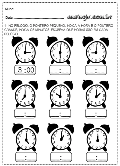 Atividade de relógio para crianças, com ilustrações de relógios e instruções para indicar as horas.