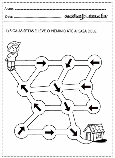 Atividade de seguir setas para levar o menino até sua casa.
