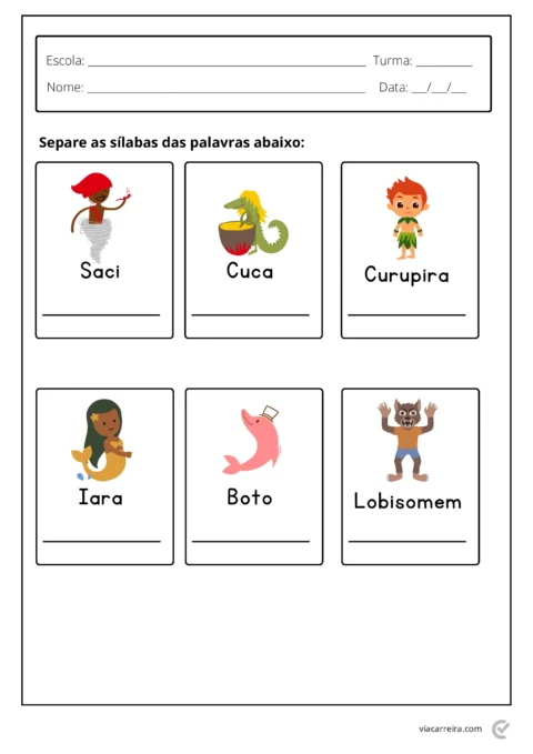 Atividade escolar com personagens folclóricos brasileiros para separar sílabas.