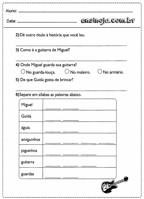 Atividade escolar sobre separação de sílabas com perguntas sobre Miguel e Guida.