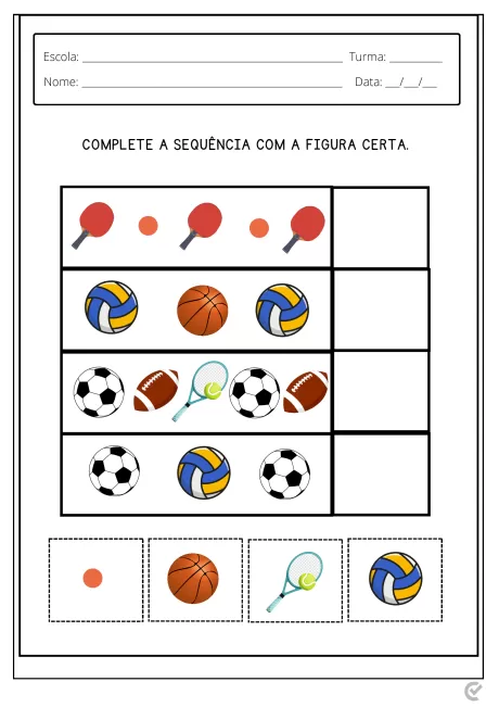 Imagem de uma atividade escolar com diferentes esportes para completar a sequência.
