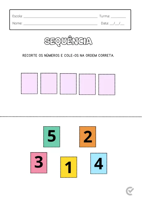 Atividade educacional com números para recorte e colagem na ordem correta.