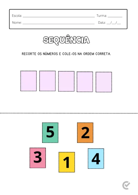 Atividade educacional com números para recorte e colagem na ordem correta.