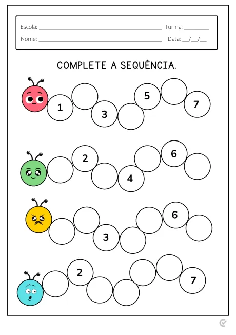 Imagem de uma atividade escolar com sequências numéricas para completar, com ilustrações de insetos coloridos.
