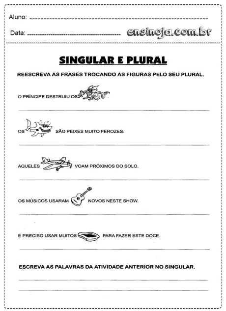 Atividade sobre singular e plural com ilustrações de um príncipe, peixes, um avião, um violão e um doce.