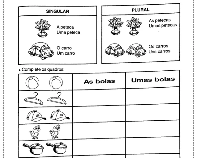 Atividade de português sobre singular e plural com ilustrações de objetos.
