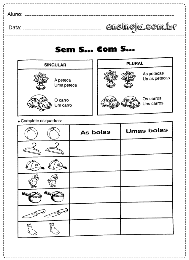 Atividade de português sobre singular e plural com ilustrações de objetos.
