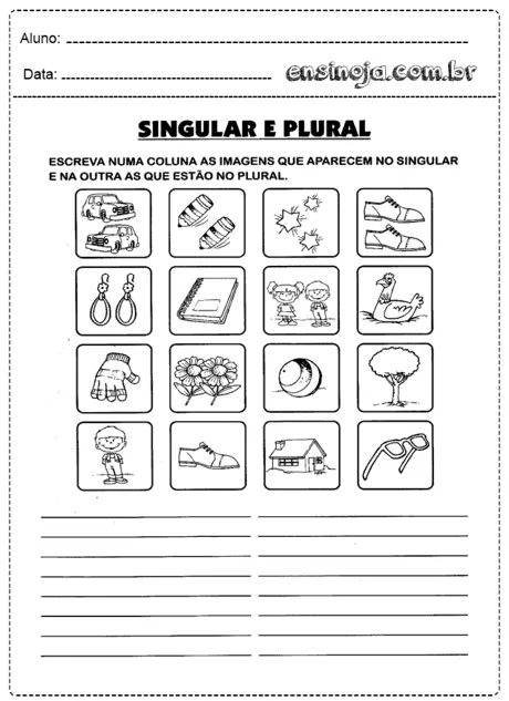Atividade sobre singular e plural com imagens para identificação.