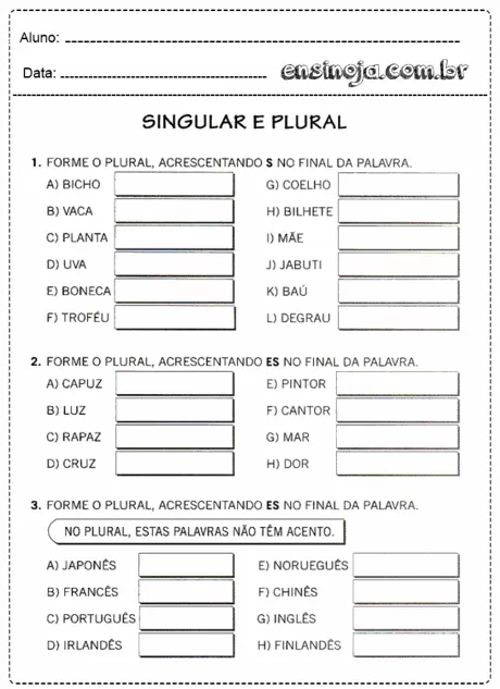 Atividade de singular e plural para alunos do ensino fundamental.