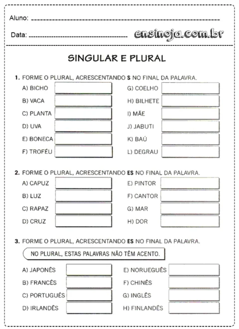 Atividade de singular e plural para alunos do ensino fundamental.
