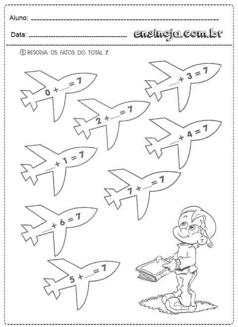 Atividade de matemática com aviões e um menino, focando na soma para totalizar 7.