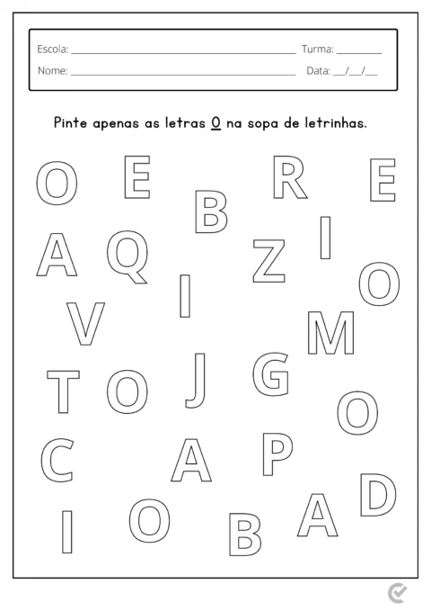 Sopa de letrinhas com letras para pintar, focando na letra O.