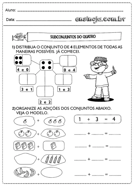 Atividade sobre subconjuntos do número quatro com ilustrações e espaços para preenchimento.