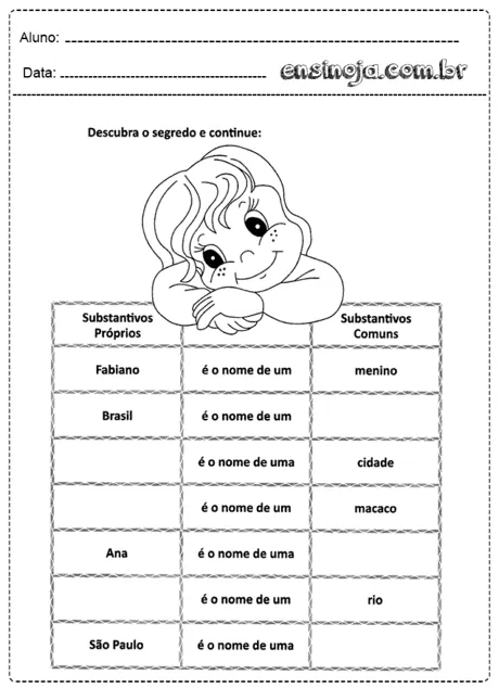 Atividade sobre substantivos próprios e comuns com ilustração de uma criança.