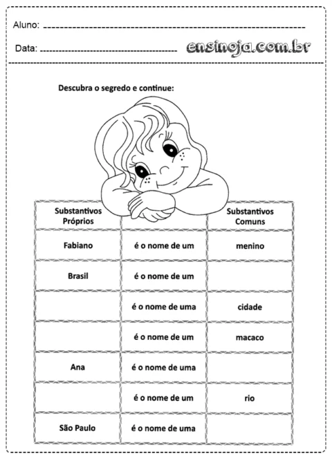 Atividade sobre substantivos próprios e comuns com ilustração de uma criança.