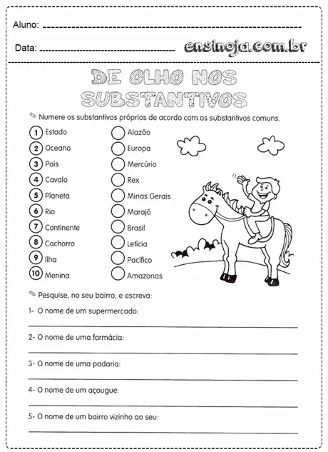 Atividade escolar sobre substantivos próprios e comuns com ilustração de uma criança montada em um cavalo.