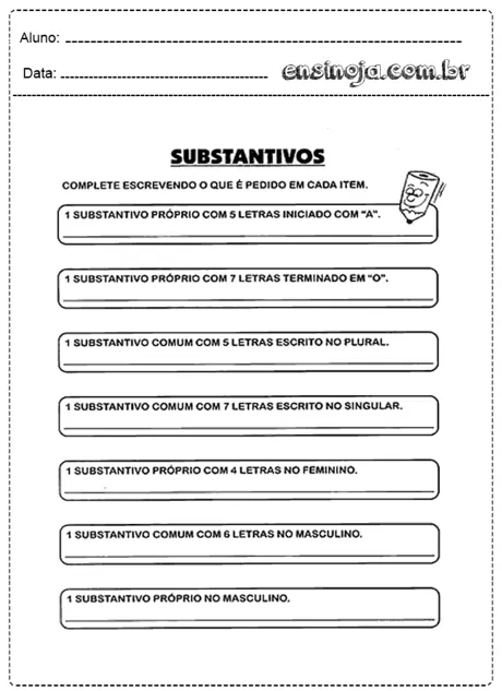Atividade de preenchimento sobre substantivos para alunos do ensino fundamental.