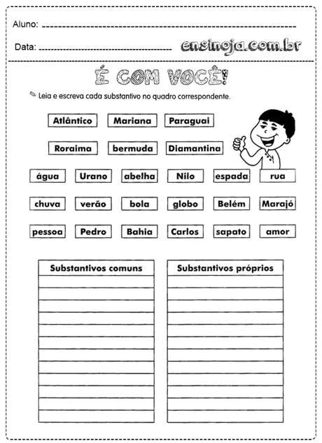 Atividade de identificação de substantivos comuns e próprios para alunos do ensino fundamental.