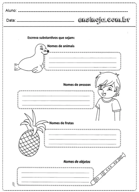 Atividade de escrita sobre substantivos com imagens de um animal, uma criança, uma fruta e um objeto.