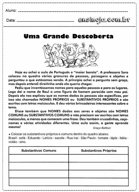 Atividade de português sobre substantivos próprios e comuns.