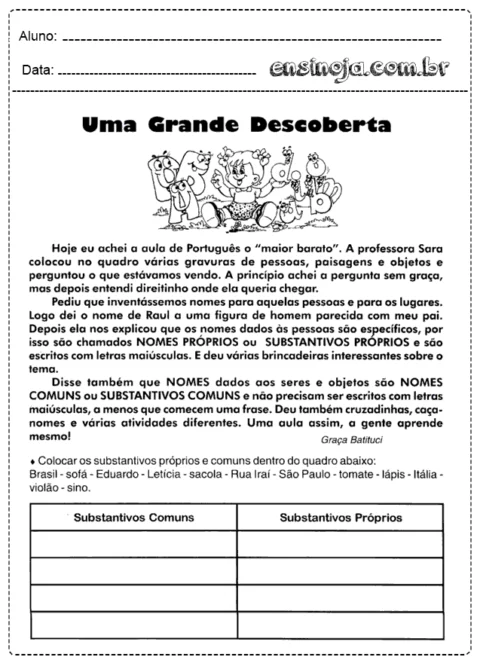 Atividade de português sobre substantivos próprios e comuns.