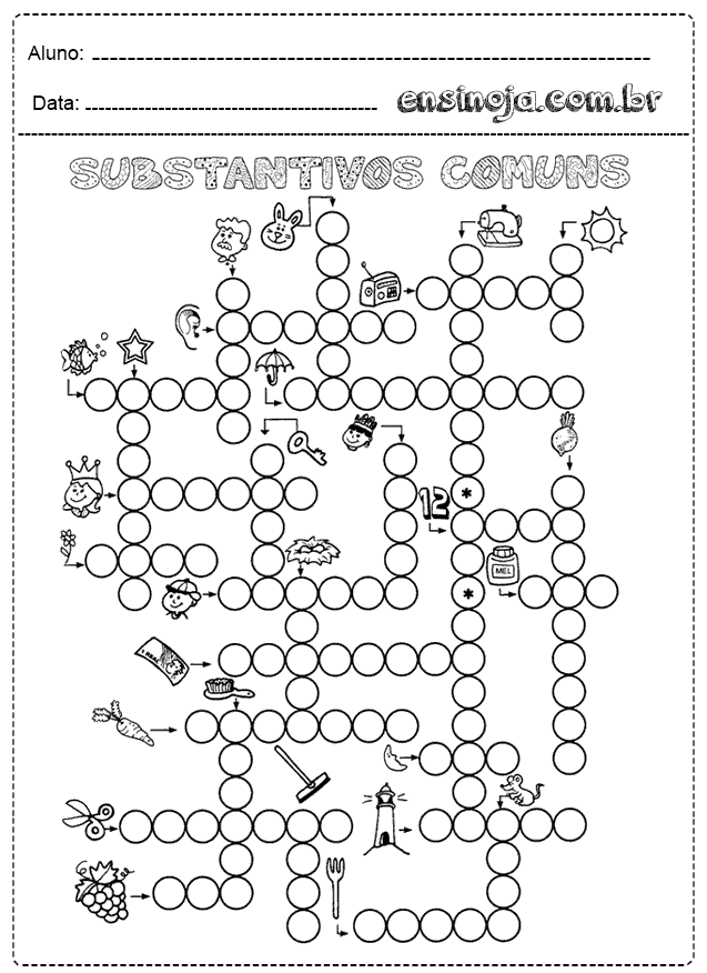 Atividade de substantivos comuns com ilustrações para colorir.