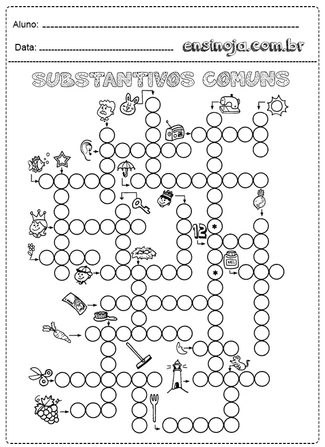 Atividade de substantivos comuns com ilustrações para colorir.