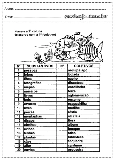 Atividade de numeração de substantivos e coletivos para alunos do ensino fundamental.
