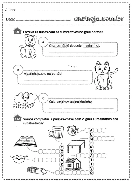Atividade de português com exercícios sobre substantivos no grau normal e aumentativo.
