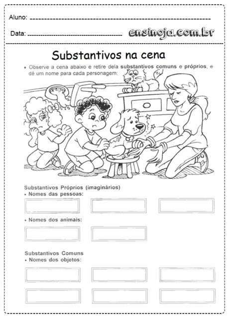 Atividade sobre substantivos com crianças e um cachorro.