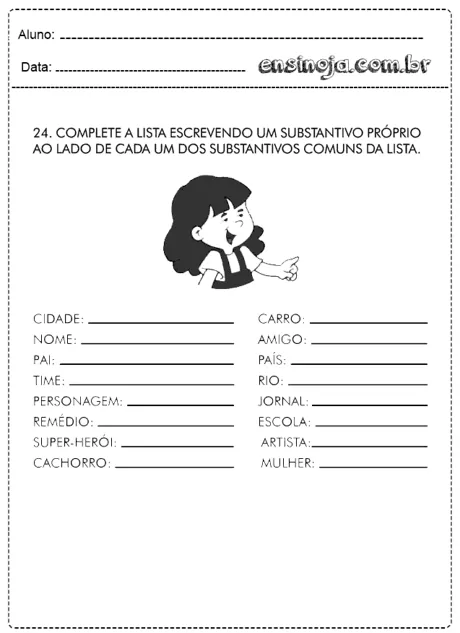 Atividade escolar para completar com substantivos próprios.