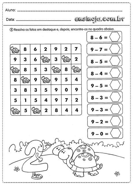 Atividade de matemática com operações de subtração e ilustrações de personagens.