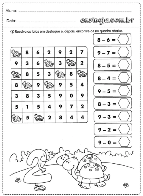 Atividade de matemática com operações de subtração e ilustrações de personagens.