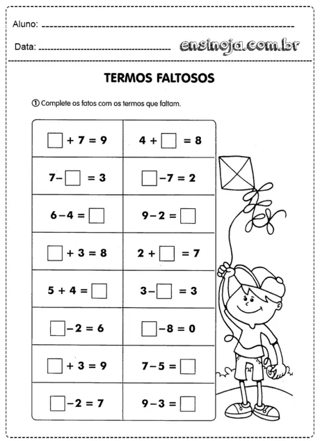 Atividade de matemática para crianças com operações de adição e subtração.