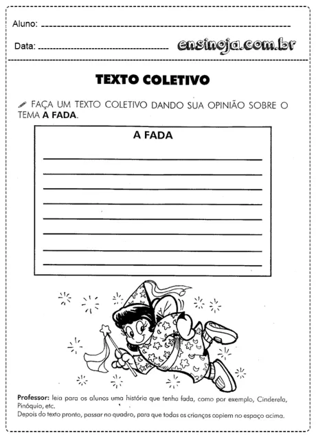 Atividade de texto coletivo sobre fadas para alunos do ensino fundamental.
