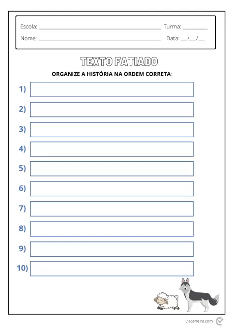 Folha de atividade escolar para organizar uma história na ordem correta, com espaços em branco numerados.