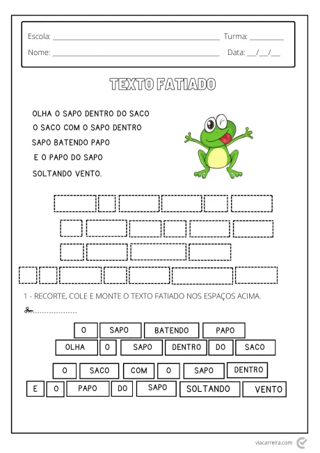 Atividade escolar com um sapo e um texto fatiado para recorte e montagem.