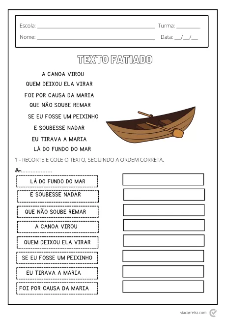 Imagem de uma canoa e um exercício de texto fatiado para crianças