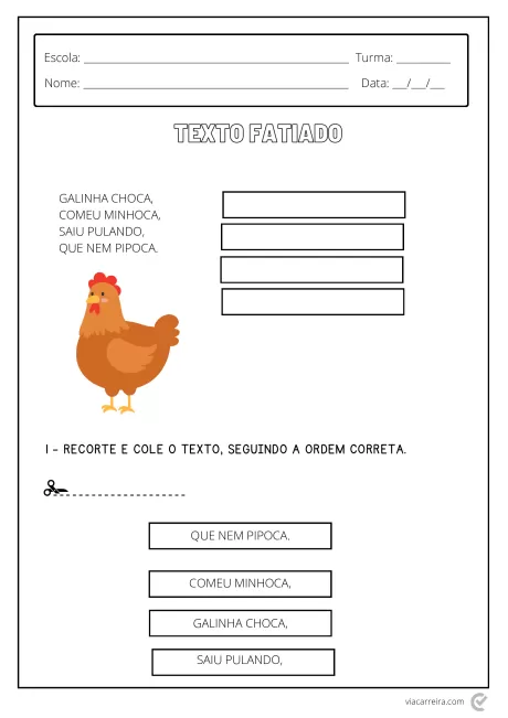 Uma folha de atividade escolar com uma galinha e instruções para recortar e colar frases.