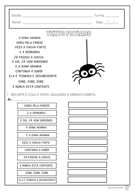 Atividade educacional sobre a música A Dona Aranha, com espaço para recorte e colagem.