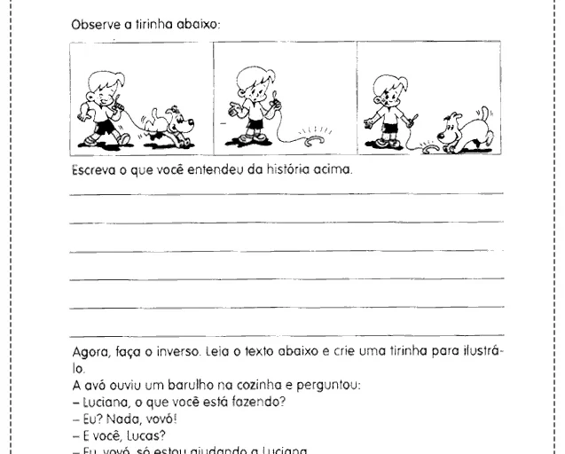 Atividade de escrita sobre tirinhas para alunos do ensino fundamental.